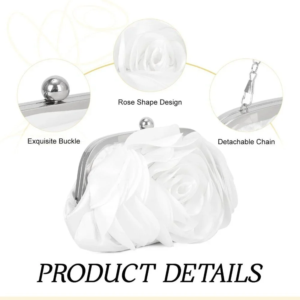 Floral Satin Clutch Purse Women Rose Evening Bag with Chain for Party